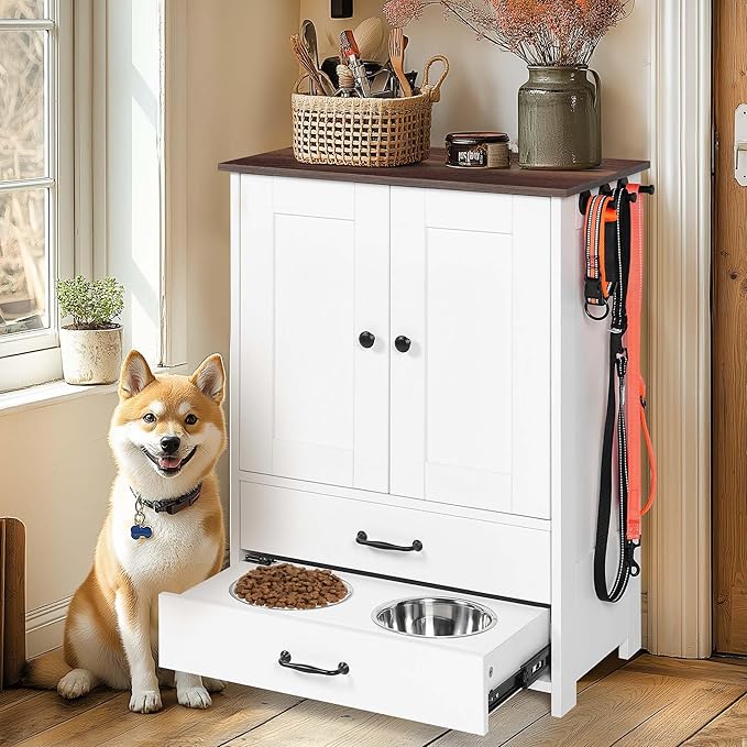 Pet Feeding Station with Storage Cabinet - Dog Food Organizer with Pull-Out Drawers, Adjustable Height Bowls & 3 Hooks - 23.6” Pet Storage Cabinet for Dogs & Cats