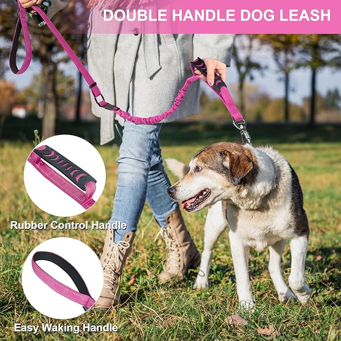 Heavy Duty Dog Leash for Medium Large Dogs That Pull,4-6FT Shock Absorbing Bungee Tactical Dog Leash with Control Padded Handle and Car Seatbelt, Reflective Lead for Walking Training,Pink