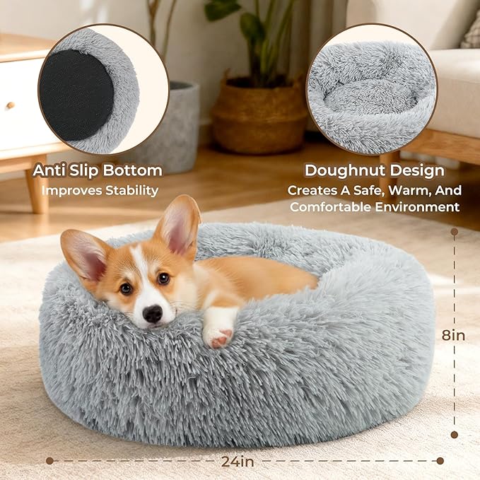 Calming Anti-Anxiety Donuts Dog And Cat Bed, Round Fluffy Soft Washable Pet Bed For Small Medium Dogs And Cats, Cuddler Warming and Comfortable Cushion, Luxury Anti-Slip Waterproof Mute Base 24in Gray