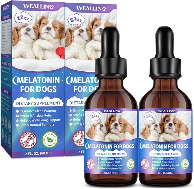 Melatonin for Dogs with L-Theanine & Chamomile | Anxiety Relief & Calming, Relaxation & Sleep Support Liquid Dog Melatonin | Fast-Absorbing & Bacon Flavor (2 PCS)
