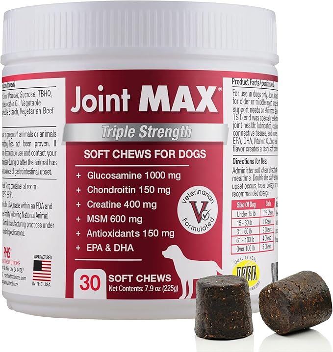 PHS Joint MAX Triple Strength (TS) Soft Chews for Dogs - Glucosamine, Chondroitin, MSM, Turmeric, Omega 3 - Hip and Joint Pain Relief and Support for Dogs - Made in USA - 30 Soft Chews