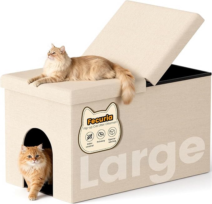 3-in-1 Cat Litter Box Enclosure with Odor Control, Multi-Functional Hidden Litter Box Furniture Bench, Dog Proof, Space-Saving Ottoman Cabinet with Flip-Up Lid, Storage Footrest, Beige