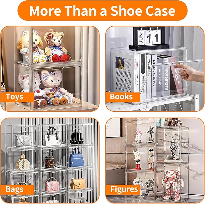 2 Pack Clear Acrylic Sneaker Shoe Display Case,Shoe Storage Boxes Stackable,Acrylic Boxes for Shoes Display with Lid,Boot Storage Organizer for Tall Boot,Purse Handbag Organizer for Closet