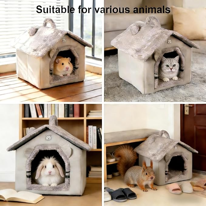 Lovely Cat Bed for Indoor Cats, Cartoon Pattern Cat Cave Bed with Handle Design, Soft Cat Hideaway Indoor Cat House for Kitten, Puppy & Small Pets (M)
