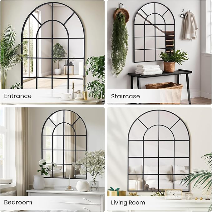 Arched Windowpane Wall Mirror 30"x40" Black Wall Mounted Art Pane Mirror Farmhouse Decorative Mirror Leaning Hanging Wall Mirror for Bedroom Living Room Entrance Hallway Wall Decor