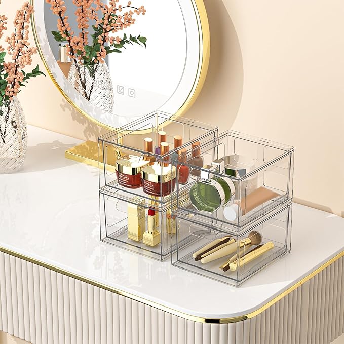 4 Pack Stackable Plastic Makeup Organizer Drawers, Acrylic Organizers, Clear Storage Bins with Pull-Out Handles for Vanity, Kitchen Cabinets, Pantry