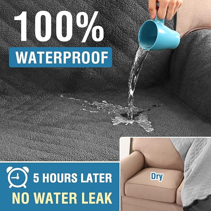 H.VERSAILTEX Waterproof Quilted Couch Covers Non Slip Sofa Covers Protector Slipcovers for Dogs Couch Covers for 2 Cushion Couch Sofa Pet Furniture Protector Modern Fleece Fabric (Loveseat,Charcoal)