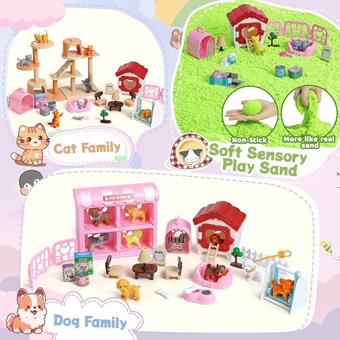 Cat and Dog Sensory Bin,Play Sand Kit for Girls and Boys with 2.2lbs Sensory Sand and Sand Box,Pet Sandbox Toys Role Pretend Play Beach Toy Birthday Present for Toddler Ages 3 4 5 6 7 8
