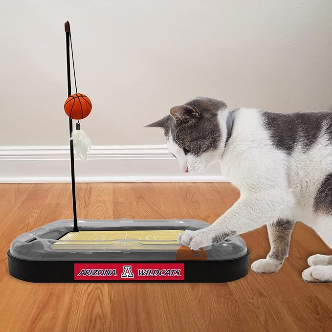 Cat Scratch Toy NCAA Arizona Wildcats Reversible Basketball Court Felt/Cardboard Cat Scratcher. Interactive Cat Ball Bell in Tracks. 6-in-1 CAT Toy: Cat Wand Poll with Catnip-Filled Plush Basketball