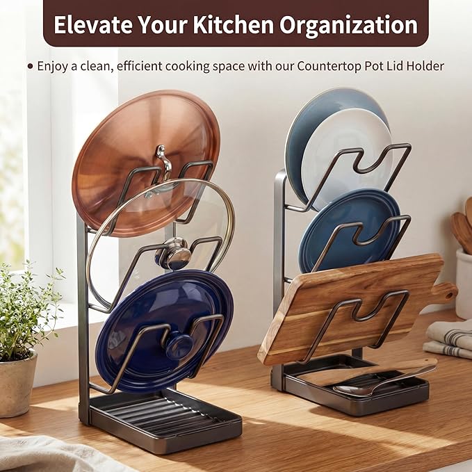 2 Pack Pot Lid Organizer Rack 6-Tier Pot Lid Holder While Cooking Carbon Steel Kitchen Cover Storage Rack Multifunctional Stand for Countertop Stove Top Cabinet Shelf Spoon