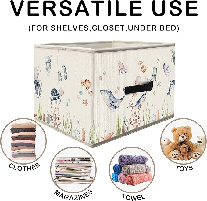 Nogrit Watercolor Ocean Animal Storage Bins Box, Toybox for Boys Girls, Coastal Beach Sea Life Foldable Baskets Organizer Container with Handles for Kids Bedroom Bathroom Clothes Toys Books