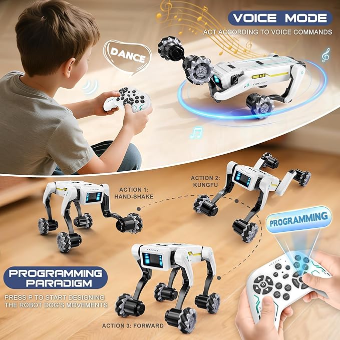Smart Robot Dog with Wheels, 30+ Bionic Actions, Voice & Remote Control, Programmable Moves, Rechargeable Battery, All-Terrain Stunt Pet Toy for Kids