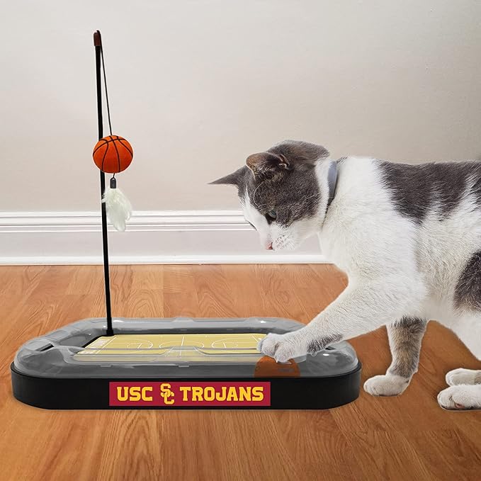 Cats Scratcher NCAA USC Trojans Basketball Court CAT Scratcher Toy with Catnip Filled Plush Basketball Toy & Feather Cat Toy Hanging, with Jingle Bell Interactive Ball Cat Chasing 5-in-1 Kitty Toy
