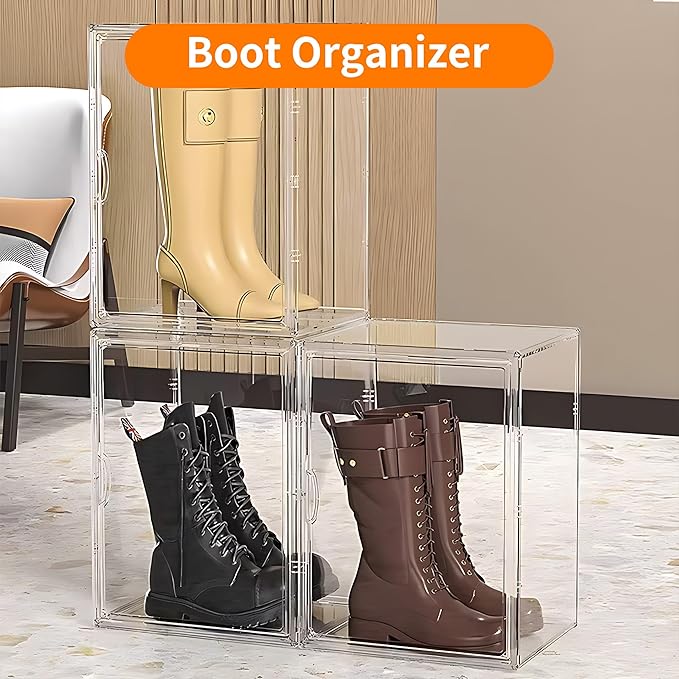 2 Pack Clear Acrylic Sneaker Shoe Display Case,Shoe Storage Boxes Stackable,Acrylic Boxes for Shoes Display with Lid,Boot Storage Organizer for Tall Boot,Purse Handbag Organizer for Closet