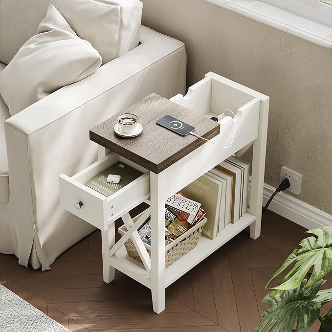 ChooChoo Farmhouse End Table with Charging Station, Accent Small Side Table Nightstand for Living Room, Bedroom, and Small Spaces, Soft White