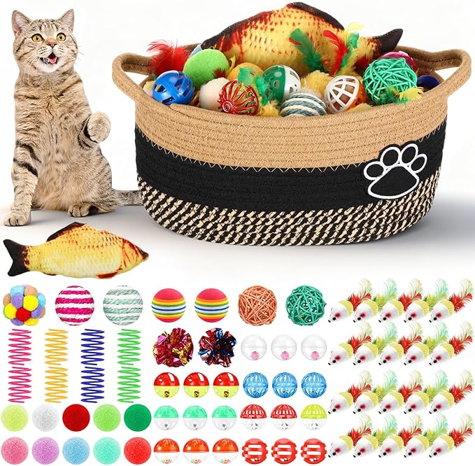 Sosation 70 Pcs Cat Easter Storage Basket Gift Toys Set Colorful Indoor Kitten Toy Assortment Including Mice, Rainbow Balls, Crinkle Balls, Springs Instinct Basket for Cats Interactive Play(Cute)