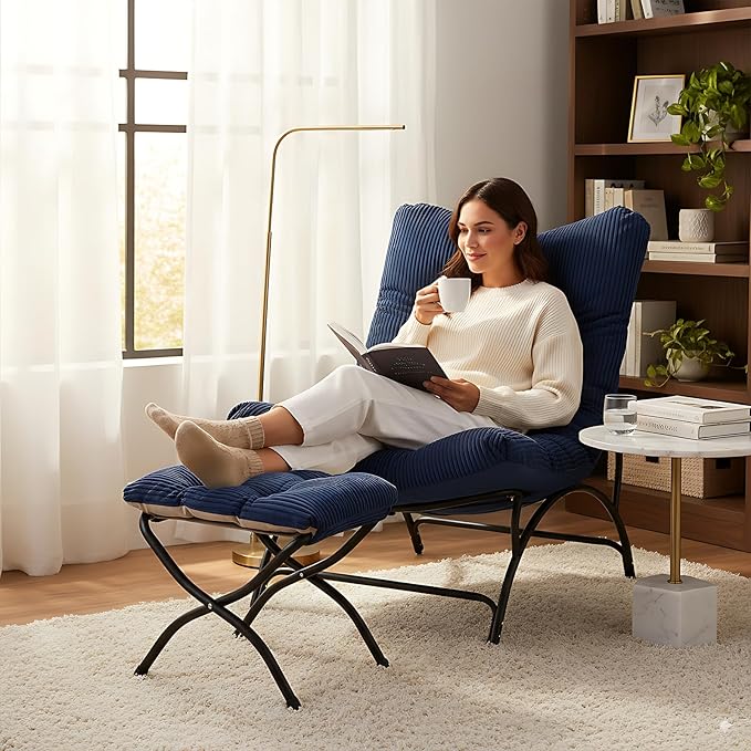 Welnow Modern Accent Chair with Ottoman, Upholstered Comfy Lounge Recliner Sofa, Thick Cushion Oversized Lazy Reading Chair with Footrest for Living Room, Bedroom, Apartment, Office, Dorm, Navy
