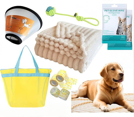 10 Pcs Surgery Recovery Kit for Dogs –Adjustable Dog Cone & Fluffy Dog Blanket (40''x48'')– Get Well Soon –Cleaning Wipes,Calming Toy, Bandages & Mesh Bag –Sympathy Gift for Pet (yellow-L)