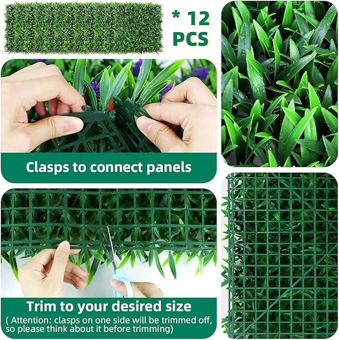Artificial Grass Wall 12PCS 20" X 20" Lavender Flowers Topiary Hedge Plant Grass Backdrop Wall Greenery Panels for Indoor Outdoor Privacy Fence Home Decor(Seedling Grass)