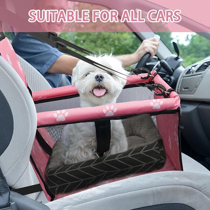 PetsHome Dog Car Seat Foldable Dog Car Booster Seat Waterproof Breathable Oxford Travel Bag for Small to Medium Dogs, Puppies, and Pets-Footprint Pink+Mat