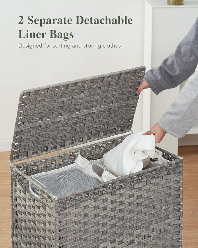 Laundry Hamper with Lid, 112 L Handwoven Rattan Wicker Laundry Basket, 2 Removable Liner Bags Metal Heightened Feet, 6 Mesh Bags, 2 Section Large Clothes Hamper for Bathroom Bedroom, Gray