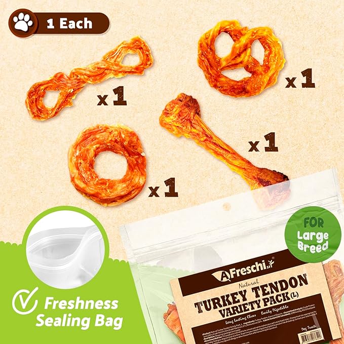 AFreschi Turkey Tendons for Dogs, USA-Sourced, Healthy Dog Treats, Rawhide-Free Puppy Chews, Long Lasting, All Natural, Hypoallergenic Dog Treats for Large Breeds, 10 oz Pack Variety (L)