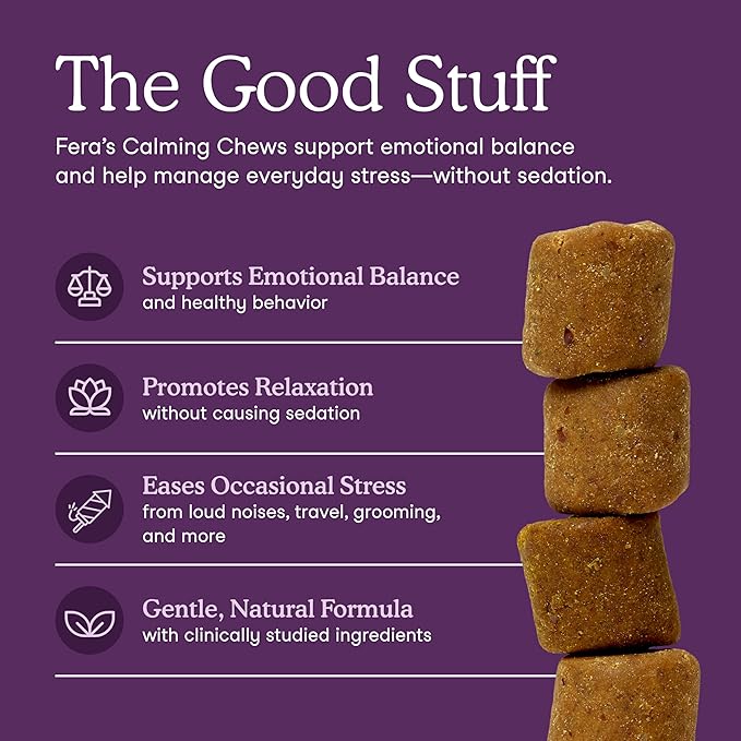 Fera Pets Dog Calming Chews - Anxiety Relief Support - Promotes Relaxation - Ashwagandha & Priome® Mental Wellbeing Postbiotic Blend - 90 Soft Chews