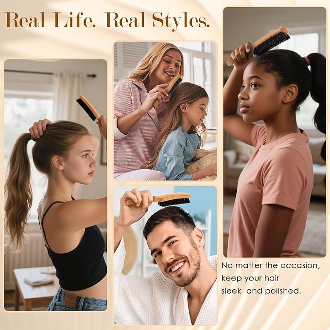 Slick Back Hair Brush for Women Men, Natural Soft Boar Bristle Hair Brush for Thin & Fine Hair, Medium Hardness Smoothing Hairbrush for Polishing, Deepening & Styling