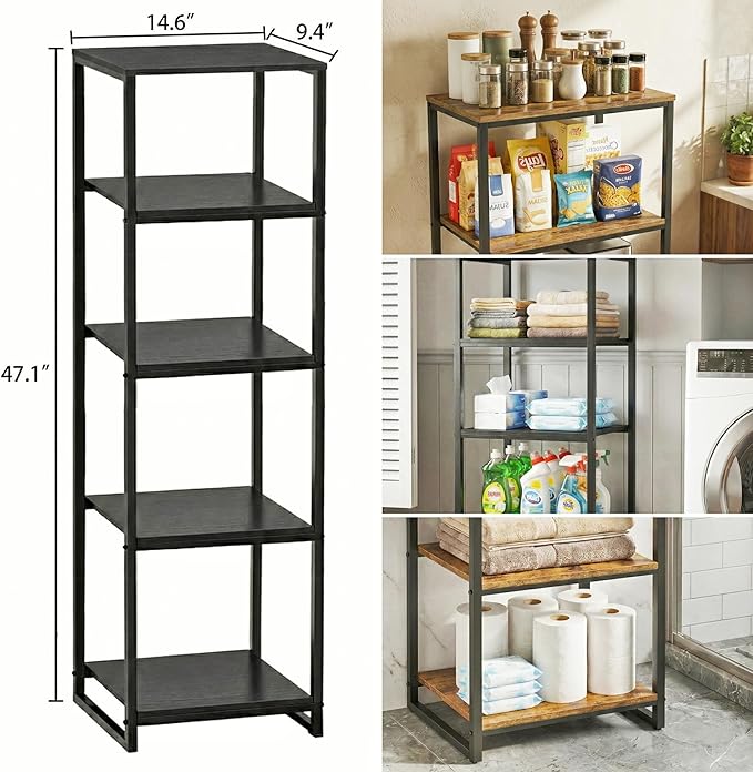 5-Tier Bathroom Shelving Unit, 47" H Narrow Open Floor Shelves, Metal Corner Slim Storage Rack for Bathroom Laundry Room Kitchen Living Room, Black