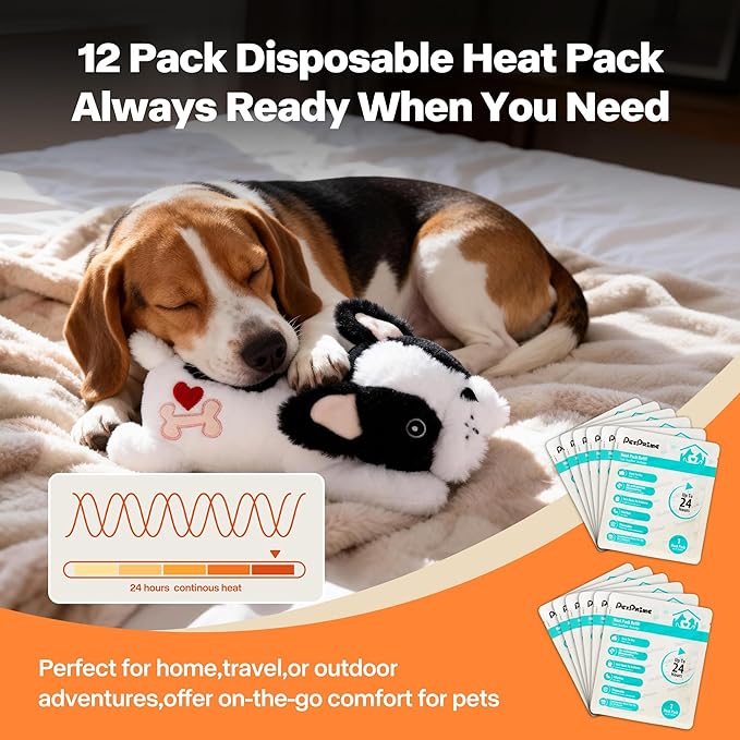 Pet Prime 12-Pack Disposable Heat Packs for Heartbeat Plush Toys，Up to 24H Odorless Warmth, Easy to Use, Instant Comfort Companion for Anxious Pets
