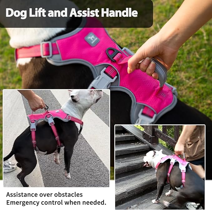 Huntboo Escape Proof Dog Harness, Escape Artist Harness, Reflective Harness with Padded Handle, Breathable, Durable, Adjustable Vest for Medium Dogs Walking, Training, and Running Gear（Rose red, S