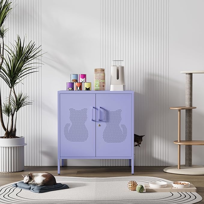 Multifunctional Large Cat House 2 Door Lockable Pet Enclosure Storage Cabinet with Adjustable Shelves Easy to Assemble Indoor Outdoor Storage Cat Food Purple Size: 33" H X 29.5" W X 19.7" D