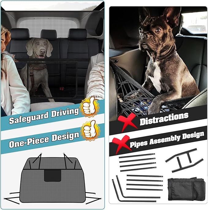 Mixsuper Dog Car Barrier, 52.4" Wide, Car Divider for Midsized Pickup, Midsized SUV and Car, One-Piece Escape-Proof Back Seat Mesh Dog Car Net Barrier Black
