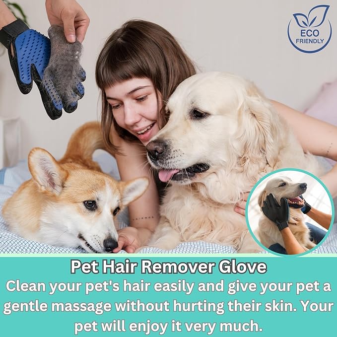 Pet Hair Remover Gloves - Gentle Deshedding & Grooming for Dogs, Cats & Horses (1 Pair, Blue)