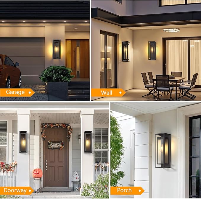 20in Outdoor Wall Light Dusk to Dawn-Black Modern Sconce Waterproof Exterior Lighting Fixture E26 Socket Porch Lights Extra Large Lantern for Entryway Patio House Garage (2Pack)