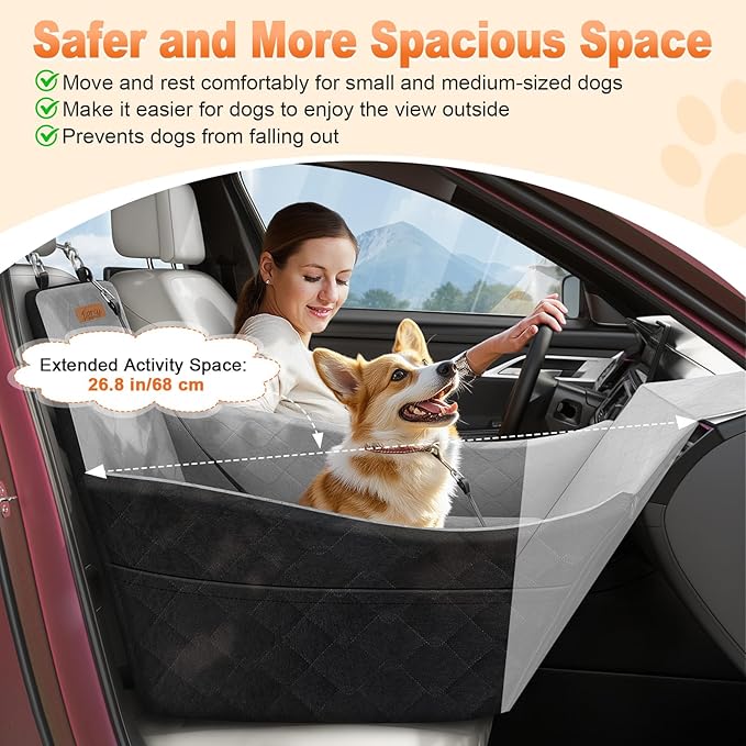 Elevated Dog Car Seat, Dog Booster Car Seats for Small & Medium Breeds Up to 35lbs, Fully Detachable and Washable, Memory Foam Pet Carseat with 2 Storage Pockets & 3 Safety Belts, Black & Gray