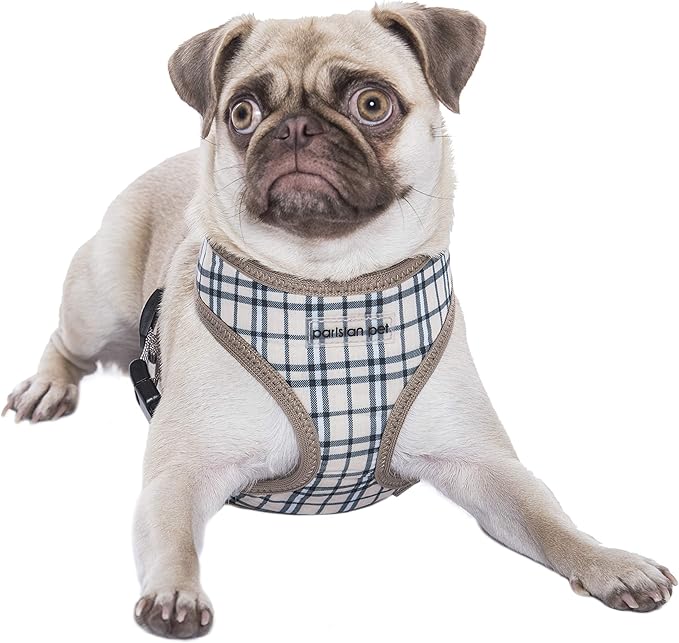 Parisian Pet Dog Harness - Adjustable Plaid Khaki Dog Vest Harness - 100% Mesh Fabric No Pull Puppy Harness - Cooling Dog Harness for Large Dogs - Idle for Walking, Running, and Hiking - XL