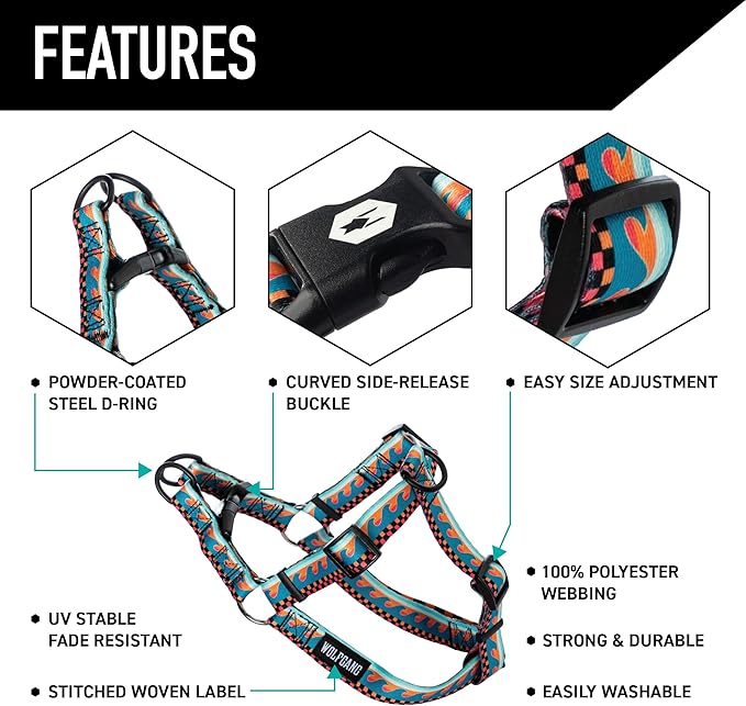 Wolfgang Heavy Duty Adjustable Dog Harness, Pull-Tested to Over 800 lbs for Walking & Training, BuenaOnda Print, Small
