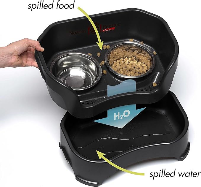 Neater Feeder Deluxe Mess Proof Cat Bowls Elevated for All Breeds – Made in USA – No Spill Raised Bowls for Indoor Cats – Stainless Steel Food and Water Bowl Set, Pet Dish Feeding Station, Black