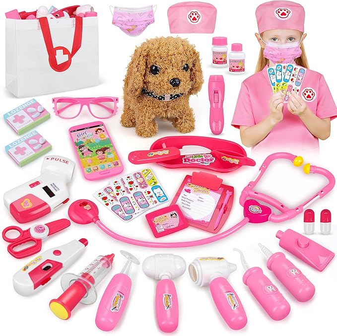 33Pcs Pet Doctor Kit for Toddlers - Dress Up Costume & Pretend Doctor Play Set with Dog Toy, Stethoscope, Pet Vet Roleplay Toys, Christmas Birthday Gifts for Ages 3 4 5 6 7 8 Year Old Boys Girls