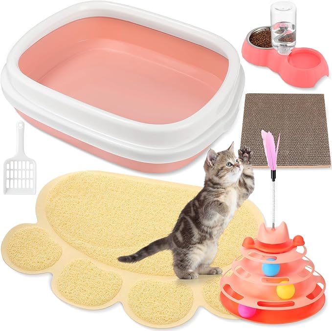 5 Pcs Small Cat Kitten Starter Kit Include Litter Box with Shovel Cat Paw Litter Mat Scratch Pad Automatic Bowls Turntable Toys Balls Essentials Kits for Kittens Life(Pink)