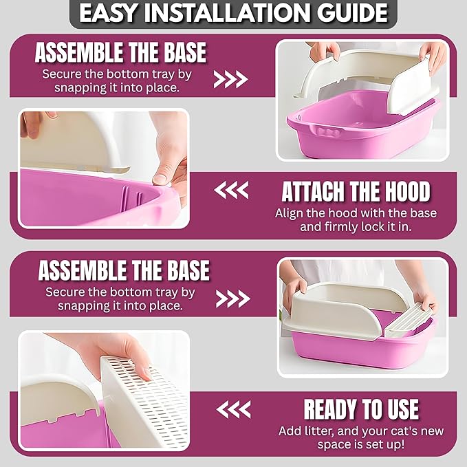 Large Open-Top Cat Litter Box with High Sides, Enclosed Scatter Shield Design, Easy Clean Plastic Litter Pan, Includes Scoop (Pink)