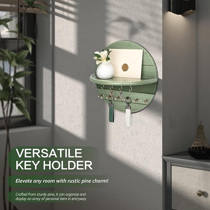 Rebee Vision Pine Wood Key Holder Wall Mount for Farmhouse & Boho Decor – Key and Mail Organizer with Shelf and 11 Hooks – Decorative Wall Organizer for Room, Kitchen & Living Room Decor (Green)