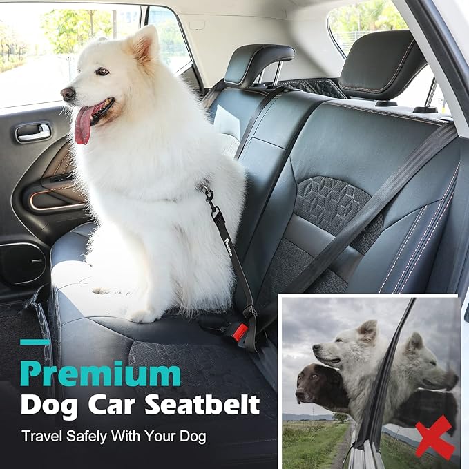 Pawaboo Dog Car Seatbelt, Universal Pet Safety Belt, Chew-Proof Dog Car Restraint with Adjustable Strap, Nylon Woven Belt & PVC Shell Dog Seatbelt Harness, Dog Leash with 360° Hook, 32 in, Black