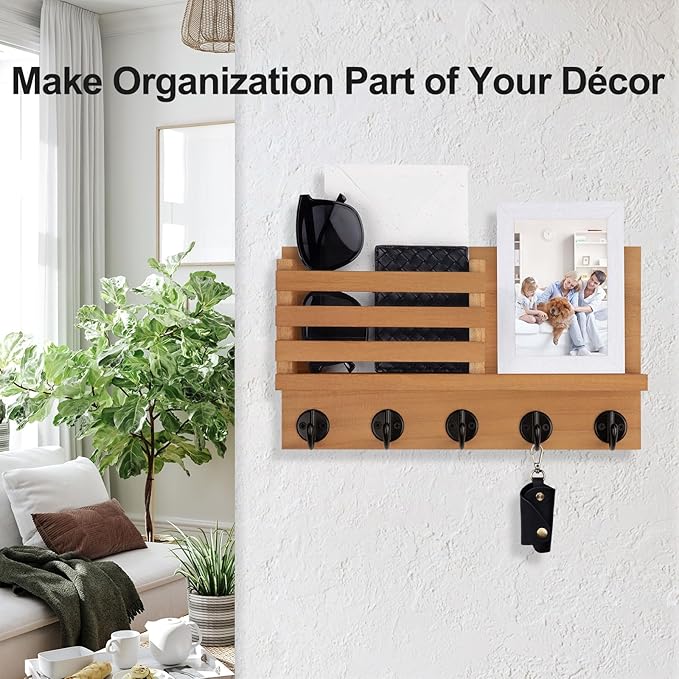 Key Holder for Wall – Decorative Wooden Mail Holder and Key Shelf with Mounting Hardware, Installation Guide – Paulownia Wood with 5 Metal Key Hooks (11.8” x 6.7” x 2.8”) (Light Brown)