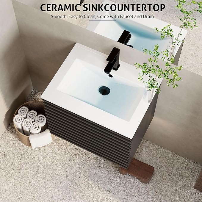 eclife 24" Floating Bathroom Vanity with Sink Combo Mid-Century Wall Mounted Cabinet with Wood Stripes Decor, Drawers, Undermount Sink, Faucet, Drain, Black