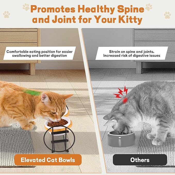 Elevated Adjustable Cat Bowl Set with 2 Dishes for Cats & Small Dogs - Anti-Vomiting,15° Tilted and Rasied Bowls with Non-Slip Design, Food-Grade Ceramic, Easy to Clean