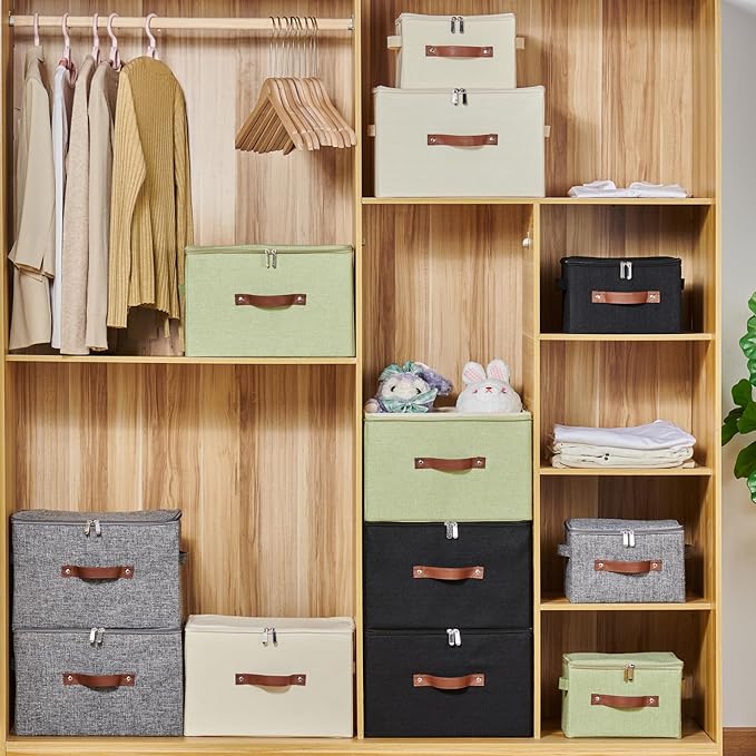 4 Pack Storage Bins with Zipper Lid Cotton Linen Fabric Lidded Storage Baskets Boxes Foldable Washable Closet Shelf Clothes Organizer Container with PU Leather Handles (Gray, Small)