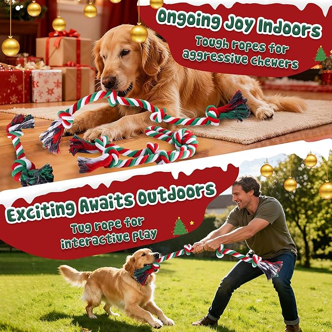 Christmas Tough & Strong Dog Toy for Aggressive Chewers – Tough Chew Toys for Large Dogs, Ideal for Tug-of-War & Teeth Cleaning, with 3 Rope Toys & 2 Dog Supplies