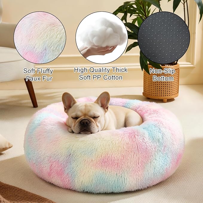 Dog Calming Beds for Small Medium Large Dogs - Round Donut Washable Puppy Dog Bed, Anti-Slip Faux Fur Fluffy Donut Cuddle Anxiety Cat Pet Bed(28'' Color)
